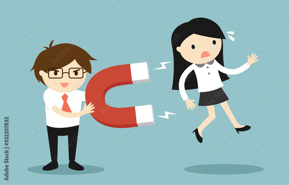 Business concept, Businessman attracting business woman with a large magnet. Vector illustration. Business concept, Businessman attracting business woman with a large magnet. Vector illustration.