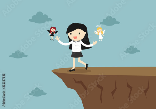 Business concept, Business woman is walking to the cliff with angel and devil. Vector illustration.