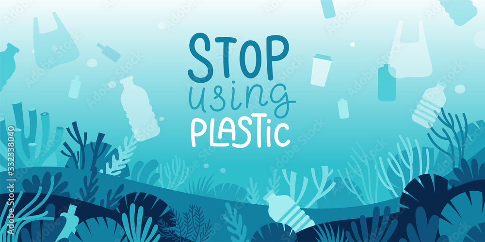 Fototapeta Ilustracja wektorowa w płaskim prostym stylu z odręcznym napisem - przestań używać plastiku - koncepcja zanieczyszczenia oceanu - śmieci w wodzie