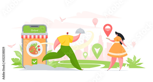 Courier delivering restaurant food to client. Flat vector illustration