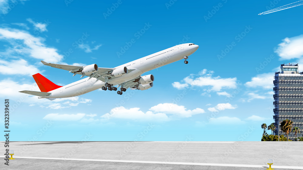 modern airplane flying from airport runway background Side view of