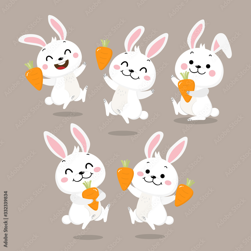 Cute white bunny with carrot. Rabbit cartoon vector collection. Animal wildlife character set.