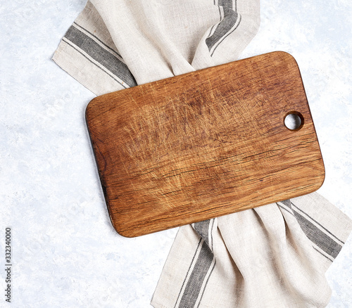 kitchen cloth napkin and kitchen board on white background with copy space