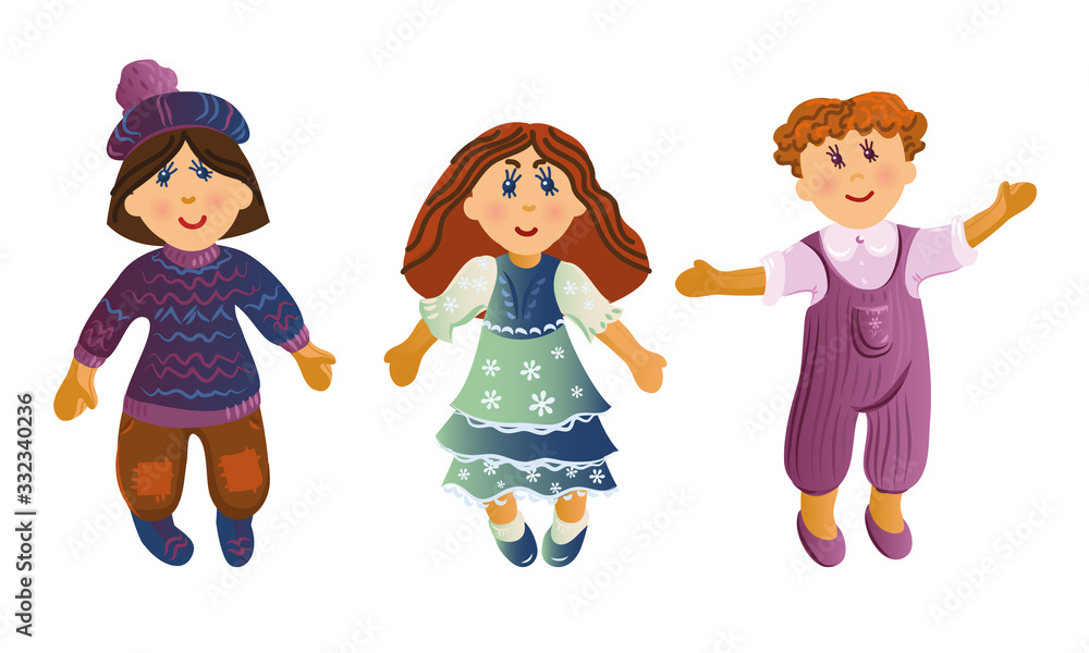 Set of cute baby dolls in different clothes and with varied hairstyles. Vector illustration in flat cartoon style. Set of cute baby dolls in different clothes and with varied hairstyles. Vector illustration in flat cartoon style.