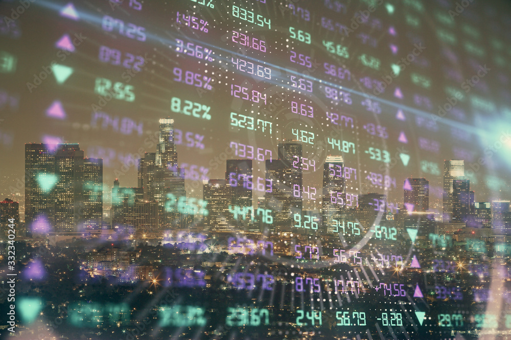 Forex chart on cityscape with tall buildings background multi exposure. Financial research concept. Forex chart on cityscape with tall buildings background multi exposure. Financial research concept.