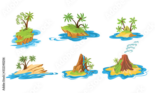 Set of different scenes of islands with huts, tropical trees, mountains, volcano, and waterfall vector illustration.