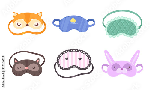 Set of different funny sleeping masks. Vector illustration in flat cartoon style.