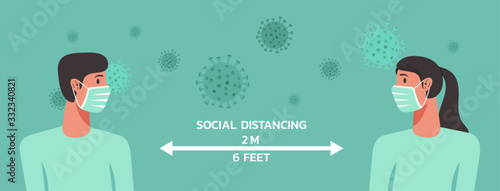 woman and man character wearing surgical or medical face mask maintain social distancing prevent virus spreading and flu prevention, coronavirus, social isolation, self quarantine, new normal concept
