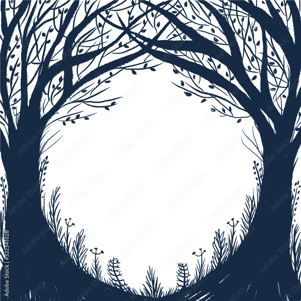 Vektorová grafika „Drawn enchanted forest. Vector black and white frame