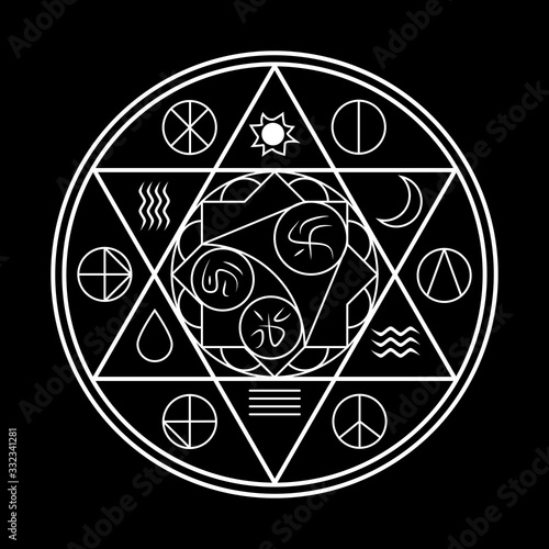 Magic occult circle or alchemy symbol. Thin Line vector illustration