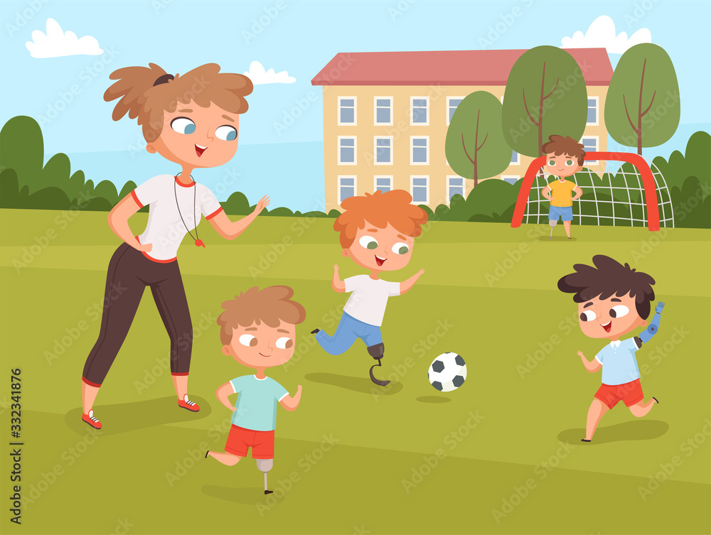 Disability kids. People playing and make sport exercises at lesson with teacher vector disability persons. Disabled boy play together, disability kids illustration