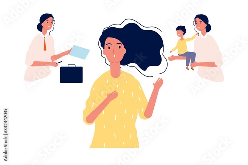 Female choice. Girl choose between career and family. Gender stereotypes, work or maternity and make difficult decisions. Businesswoman and mom vector illustration. Choice female, career and family