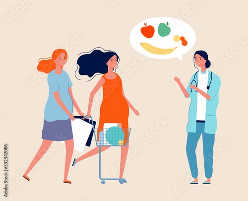 Healthy lifestyle. Nutritionist, pregnant women with food. Expectant mothers with shopping. Doctor talks about healthy food. Maternity and health vector illustration. Healthy food nutrition motherhood