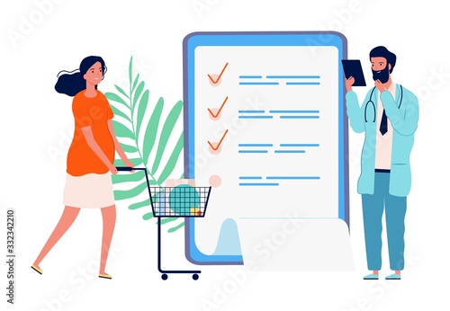 Shopping for pregnant women. Checklist, shopping list for maternity hospital. Motherhood, girl with purchases. Doctor and expectant mother. Pregnant woman with checklist from doctor illustration