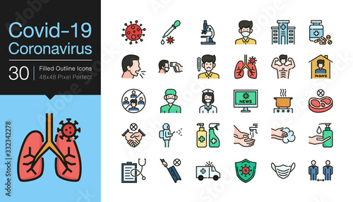 Covid-19 / Corona virus icons. Filled outline design. World Health organization WHO introduced new official name for Coronavirus disease named COVID-19, dangerous virus.