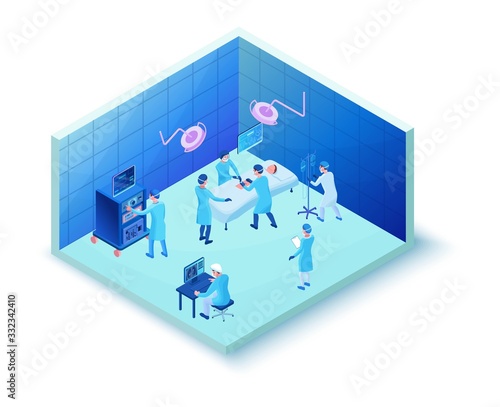 Surgery operating room, smart surgical technology, isometric 3d vector illustration with medical treatment, doctor watching x-ray with pneumonia caused by 2019-nCoV Coronavirus infection