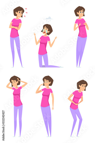 Pms symptoms. Woman cycles monthly periodical pain of female medical syndrome cup bloat vector characters. Pms period menstruation, problem and syndrome female cycle illustration