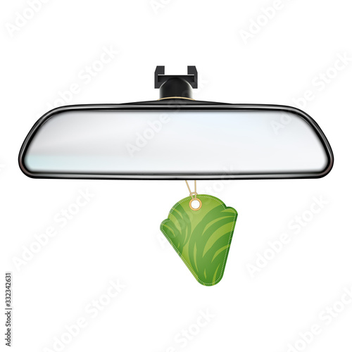 Car Rearview Mirror With Air Freshener Vector. Rear-view Mirror With Hanging Aromatic Flavor Perfume Accessory. Automobile Equipment For Safety Parking Template Realistic 3d Illustration