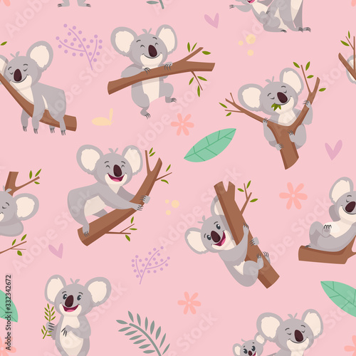 Koala pattern. Australian wild cute animal koala bear pictures for textile design projects vector seamless cartoon background. Background jungle koala sitting on branch illustration
