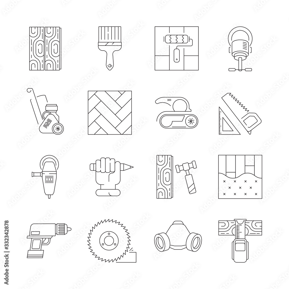 Wood flooring. Laminate carpenter repair parquet oak flooring fixing vector icon set. Wood timber parquet, flooring material, renovation surface woodworking illustration Wood flooring. Laminate carpenter repair parquet oak flooring fixing vector icon set. Wood timber parquet, flooring material, renovation surface woodworking illustration