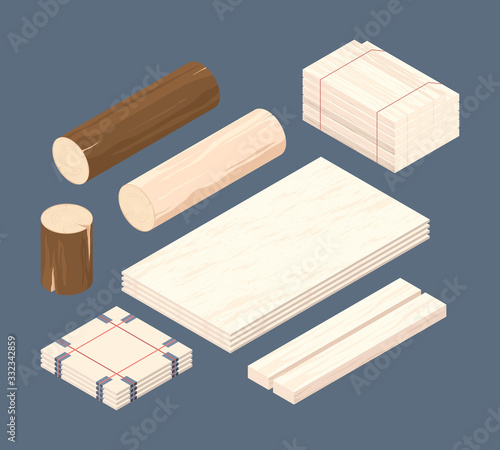 Wooden isometric. Set of stacked lumber branches pile logging timbers vector pictures. Woodworking isometric material 3d, stack pile wooden illustration