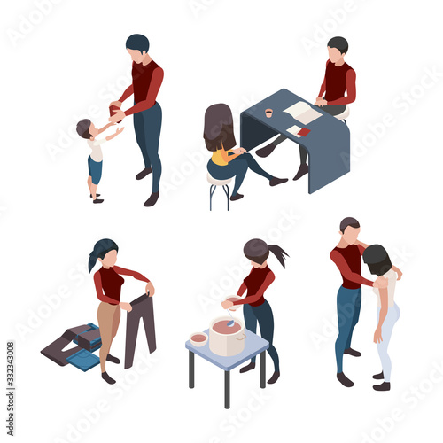 Volunteer people. Donation characters caring needy homeless person elderly volunteer community vector isometric. Donation food and clothes, human community volunteer illustration