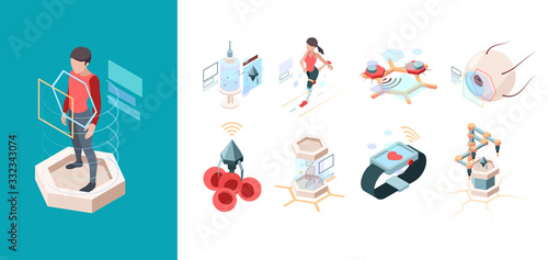 Modern medicine. Nanotechnology future systems nanorobots bio organ vector isometric set. Future science medical structure, modern medicine nanotechnology illustration