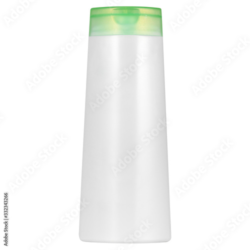 One cosmetic bottle with a green blank matte cap close-up on a white background