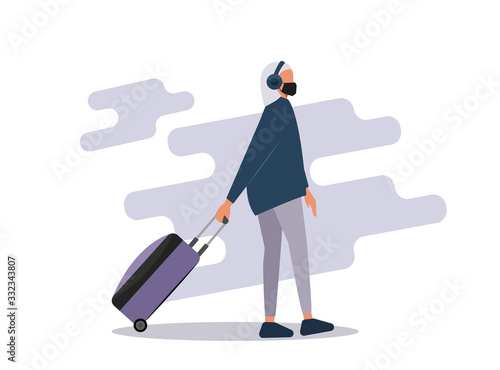 Woman wearing face mask travelling aboard vector illustration. Covid-19 coronavirus prevention travelling concept background