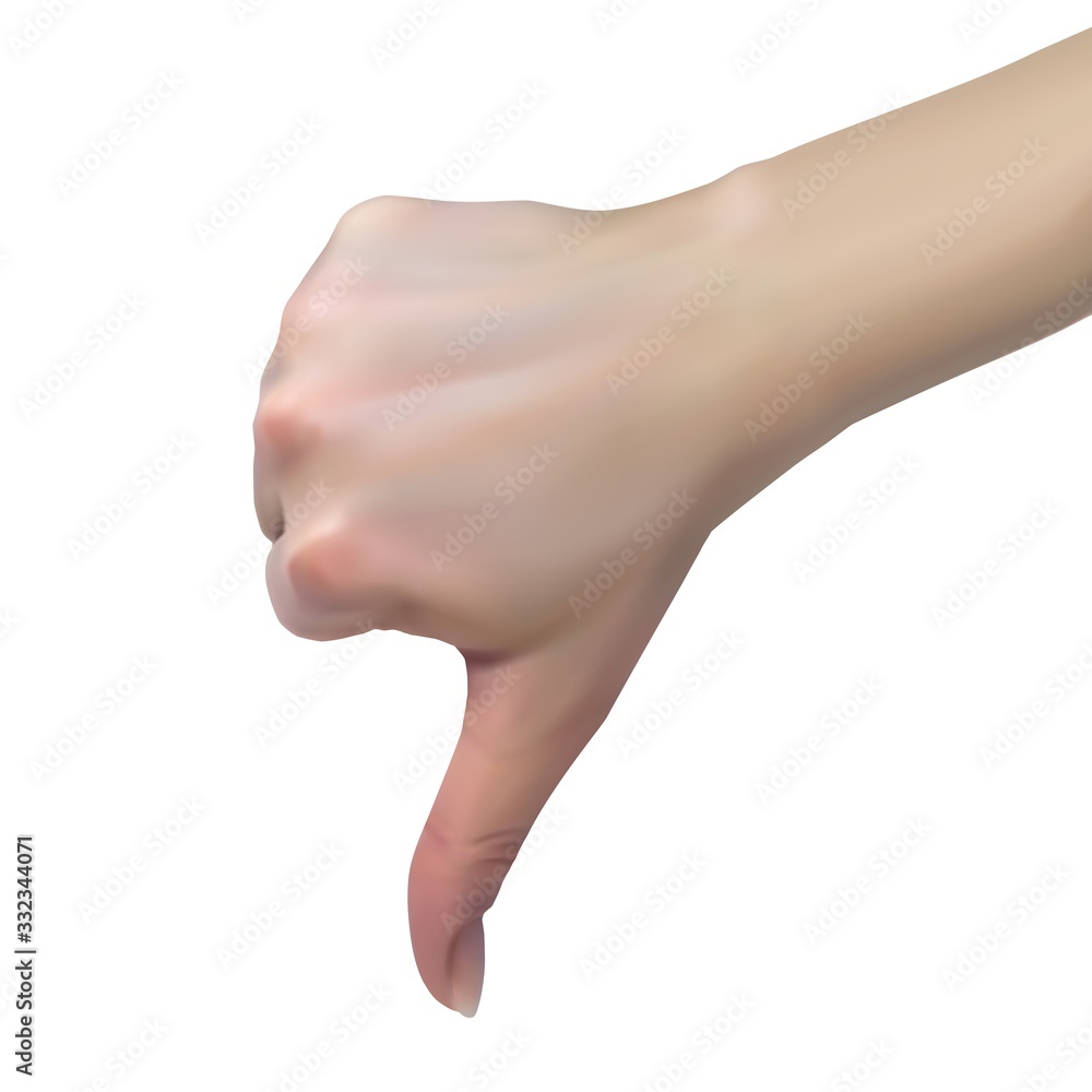 3d female hand shows dislike with thumbs down, rejection concept. Realistic vector illustration on white background. EPS10 with mesh gradients. 3d female hand shows dislike with thumbs down, rejection concept. Realistic vector illustration on white background. EPS10 with mesh gradients.