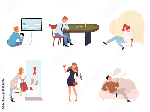 People addicts. Casino gamers, alcoholics, drug addicts, dependence from social services vector characters. Illustration addiction and mania gambling, shopping and smoking