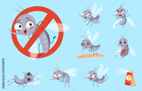 Dangerous mosquito. Bugs and warning flyings animals mosquito aid vector cartoon set. Mosquito bug insect, animal bite gnat illustration