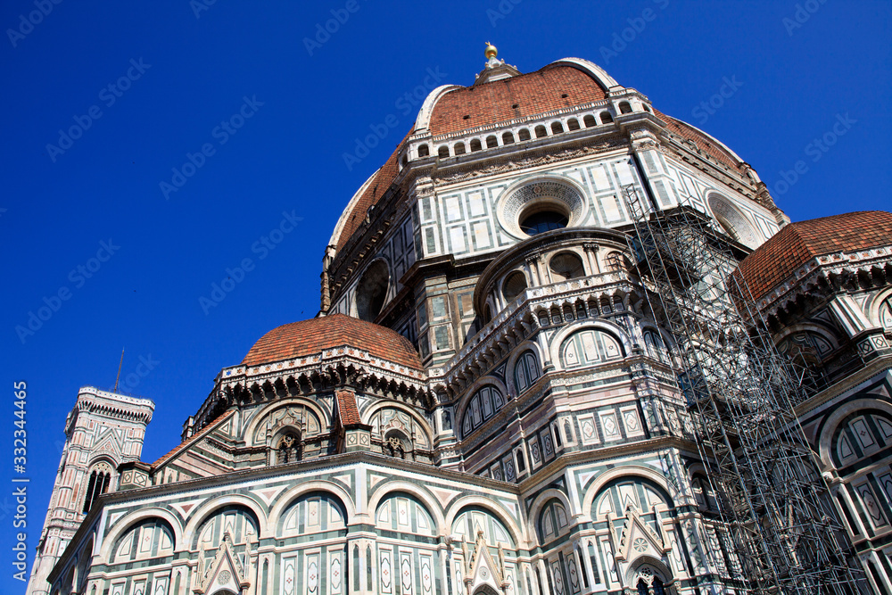 Firenze, Italy - April 21, 2017: The Duomo with Giotto Bell Tower and Brunelleschi cupola in Florence, Firenze, Tuscany, Italy