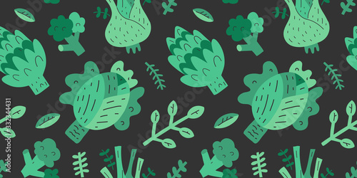 Green vegetables pattern, natural organic veggies ingredients, raw healthy food, seamless vector background, trendy doodle cartoon illustrations for farmers market, good for kitchen