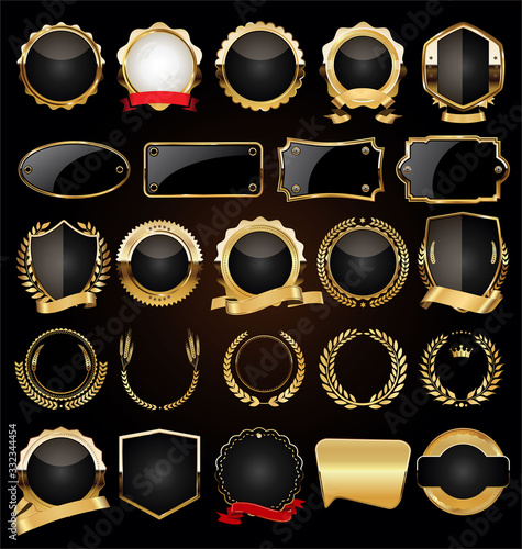 Retro vintage golden laurel wreaths and labels collection 