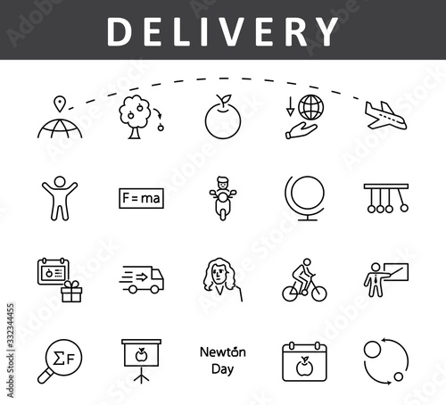 Newton's Day Set Line Vector Icon. Contains such Icons as Newton, Laws of physics and gravity, Flying Apple, Calendar, Teacher, blackboard and projector Editable Stroke. 32x32 Pixels