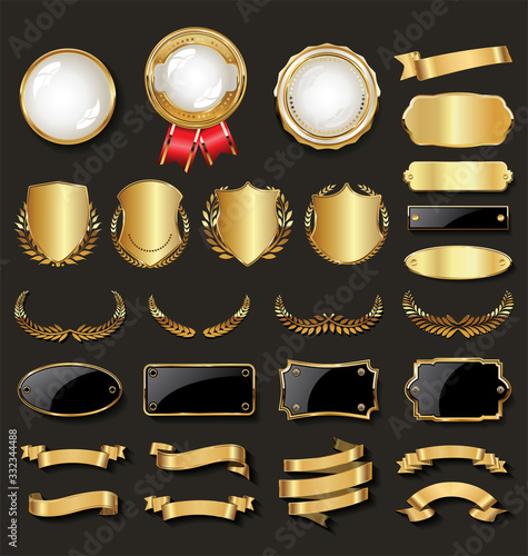 Retro vintage golden laurel wreaths and labels collection 