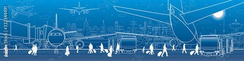 Airport panorama. The plane is on the runway. Aviation transportation infrastructure. Airplane fly, people get on the aircraft and bus. Night city on background, vector design art
