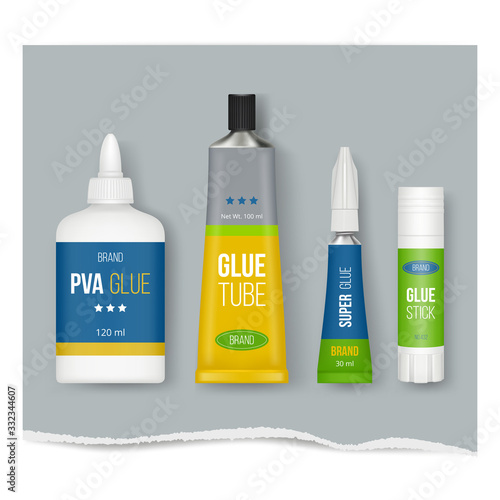 Glue stick. Realistic stationary templates glue plastic packages set vector pictures isolated. Glue plastic tube, illustration stick container