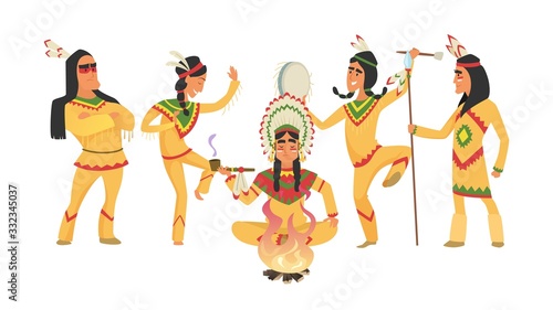 American native indians. Shaman and fire, ritual dancing people. Indian warriors vector illustration. Native culture, tribal american people
