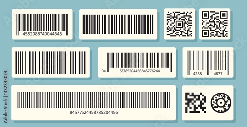 Barcode labels. QR identification, sale information. Barcodes stickers vector set. Bar identification strip, inventory retail barcode, label packaging illustration