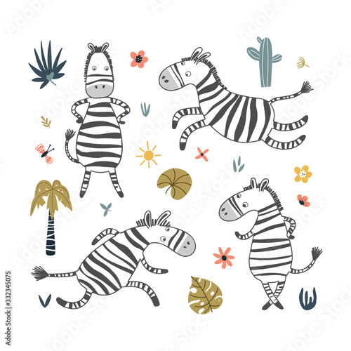 Zebras and plants vector illustrations set