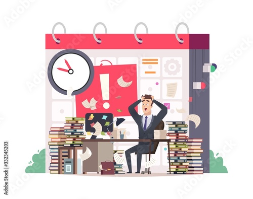 Deadline. Bad time management, manager in fear. Office worker has lot to do vector illustration. Job deadline stress, business office manager