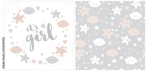 It's a Girl. Lovely Baby Shower Illustration and Seamless Vector Pattern. Wreath Made of Cute Stars, Fluffy Clouds and Sweet Hearts. Happy Sky Vector Print. Funy Nursery Art Ideal for Card, Greeting.