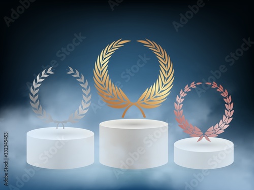 Realistic award podium. 3D pedestal with gold silver bronze laurel wreath vector background. Achievement pedestal, best prize for sport competition illustration