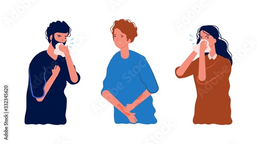 Seasonal allergy. Allergic people, scratching skin, coughing and sneezing. Isolated ill man woman vector illustration. Allergic people, sick and disease character
