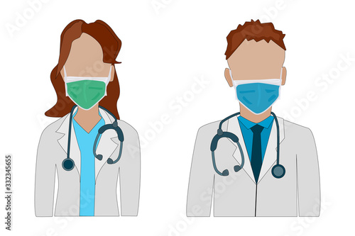 Doctors in medical mask isolated on white background. Doctor and nurse icons set. Medical staff colorful flat avatars. Medicine professionals people sign. Male and female doctors in masks.Stock vector