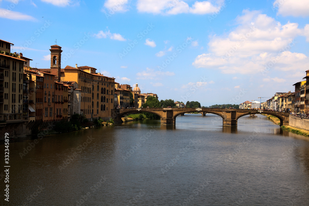 Firenze, Italy - April 21, 2017: Florence view and Carraia bridge, Florence, Firenze, Tuscany, Italy