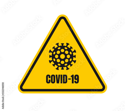 Vector yellow triangle sign - black silhouette coronavirus. Isolated on white background.