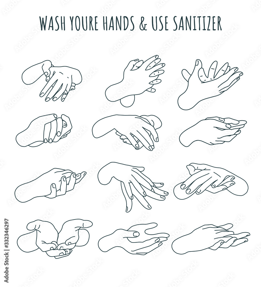 Set of washing hands, sanitary instruction, flat Set of washing hands, sanitary instruction, flat